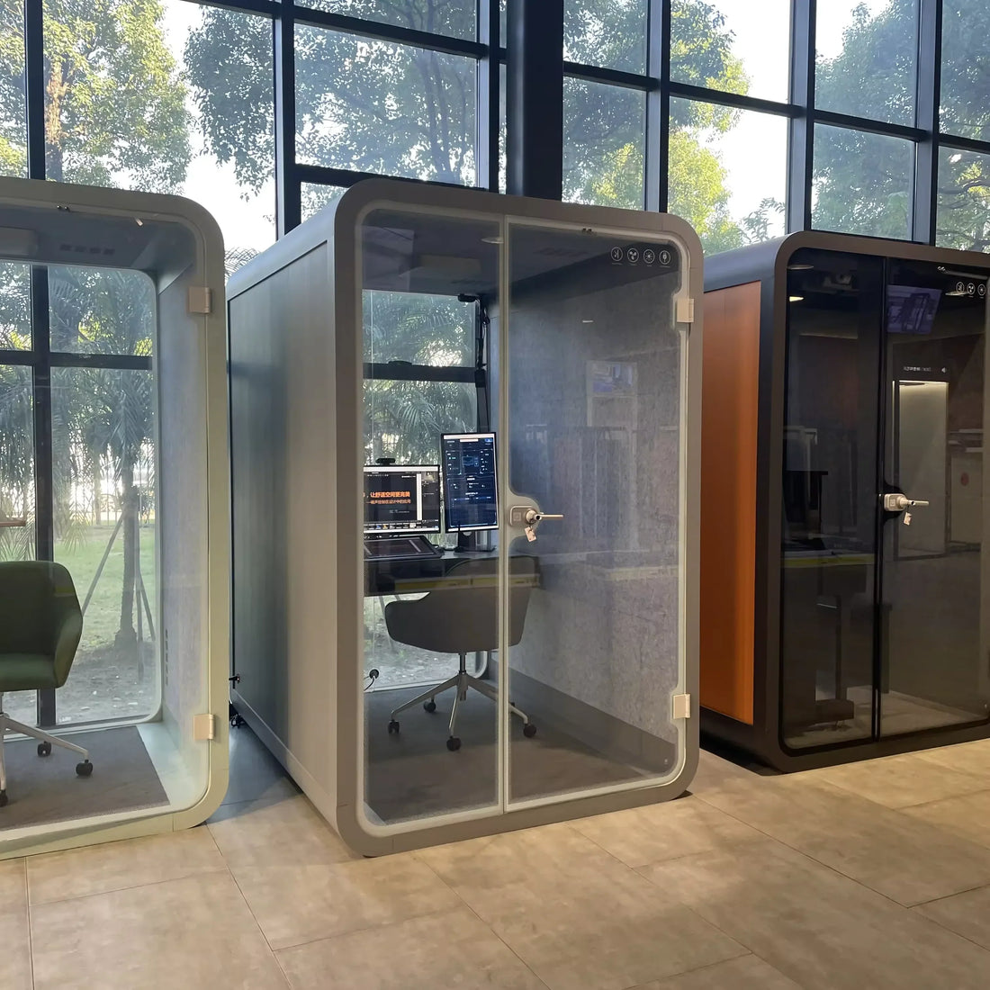 An employee finding solace in an office phone booth, representing a peaceful retreat amidst the open office chaos, highlighting mental health benefits.
