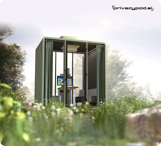 A focused employee working in a serene office phone booth, symbolizing the triumph over workplace distractions in a bustling office environment.