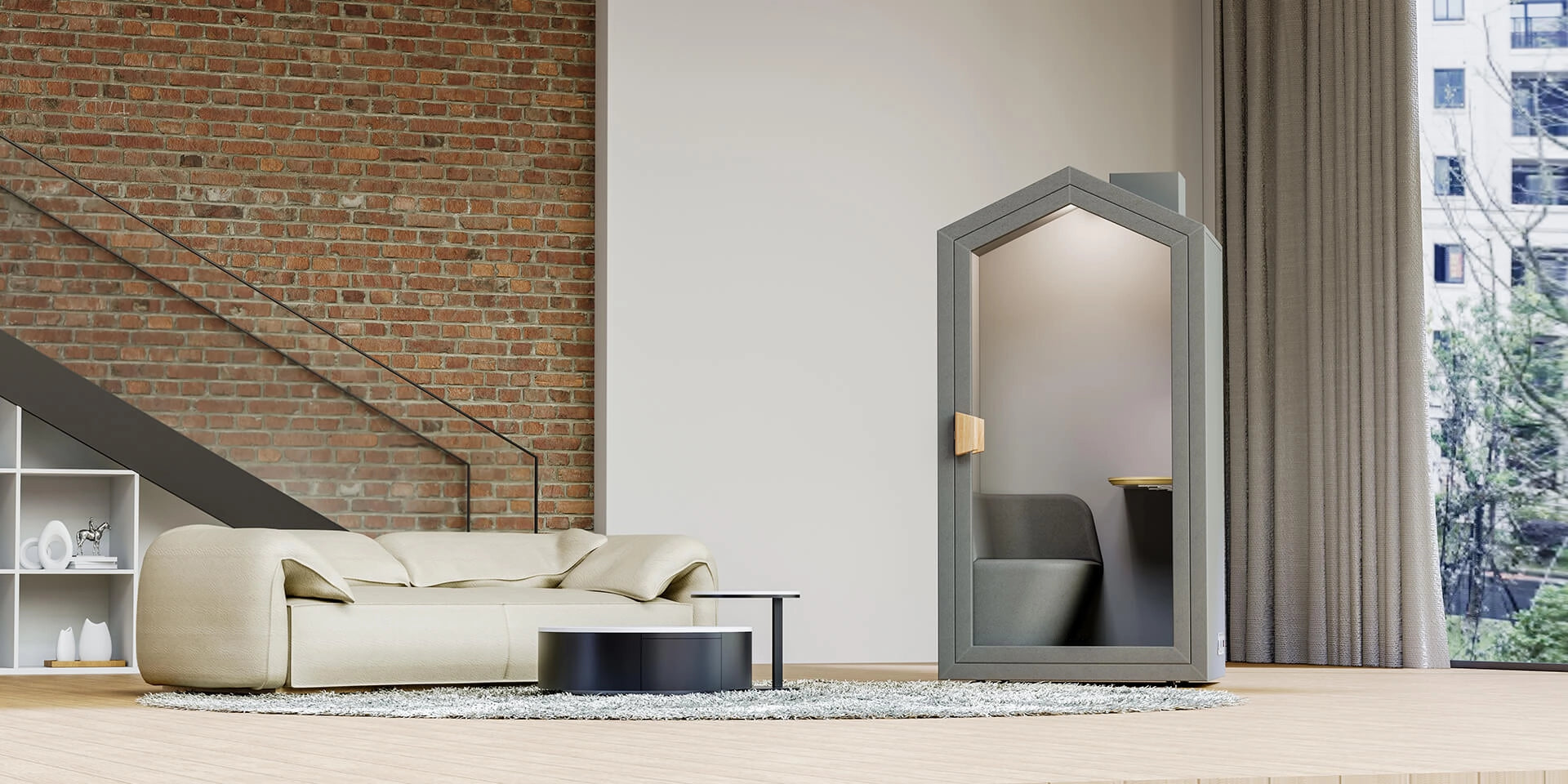 Stylish PrivacyPod soundproof office pod situated in a modern living space, ideal for use as a privacy booth, modular room, and soundproof phone booth. This pod enhances home office soundproofing and provides a quiet, private space for focused work and phone calls.