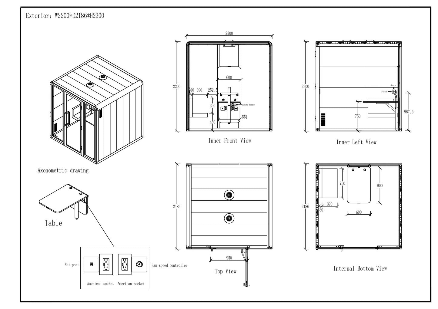 Technical drawing of a modular structure with dimensions including inner views, top view, and axonometric perspective; features table, American sockets, net port, and fan speed controller.