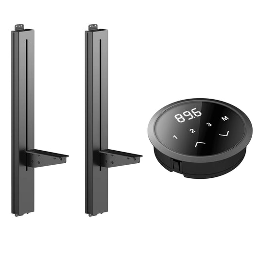 Height adjustable desk legs with a black finish and a digital control panel for adjusting the height.