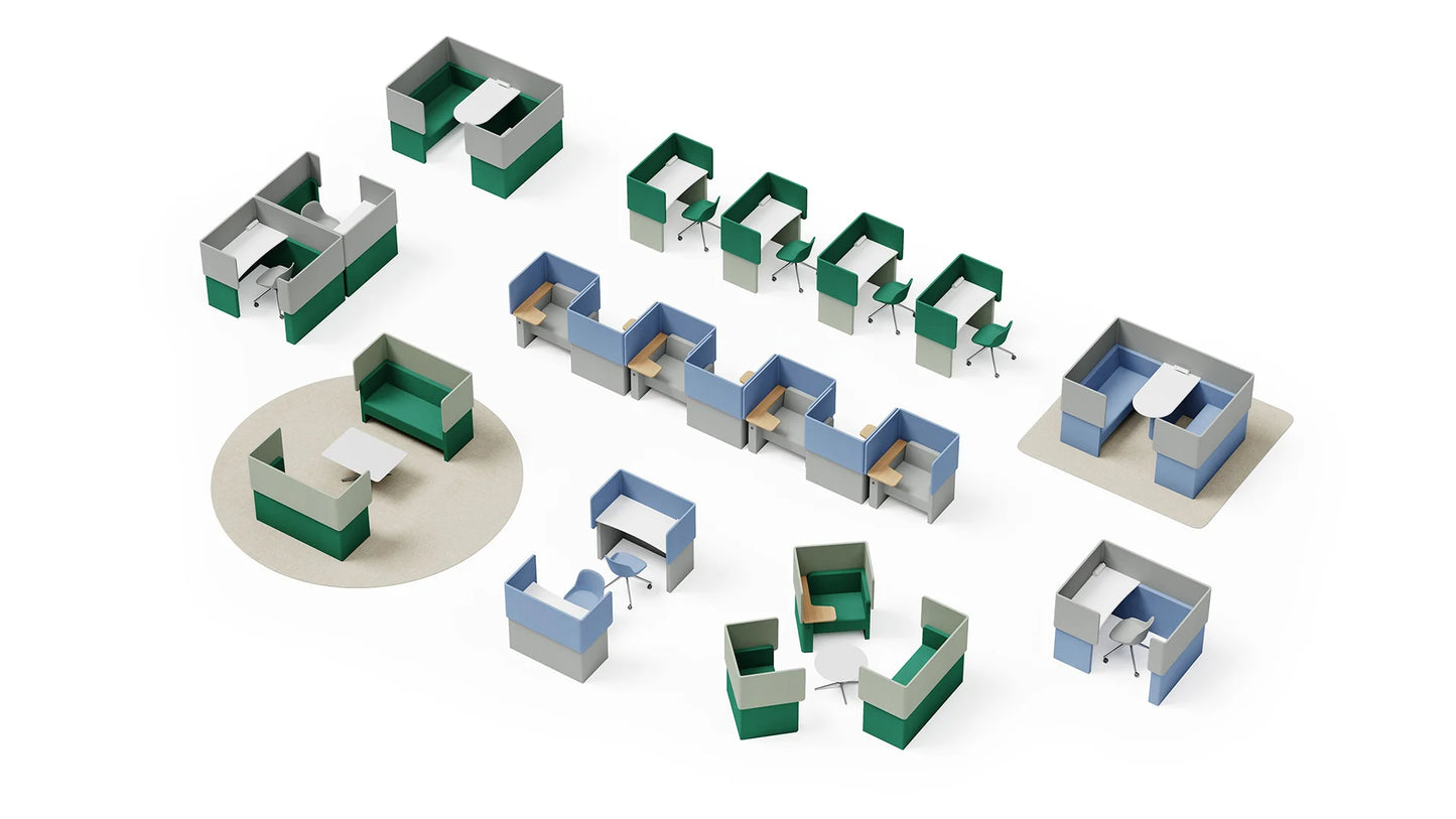 Assorted modular office workstation designs with various seating and partition configurations in green and blue colors.