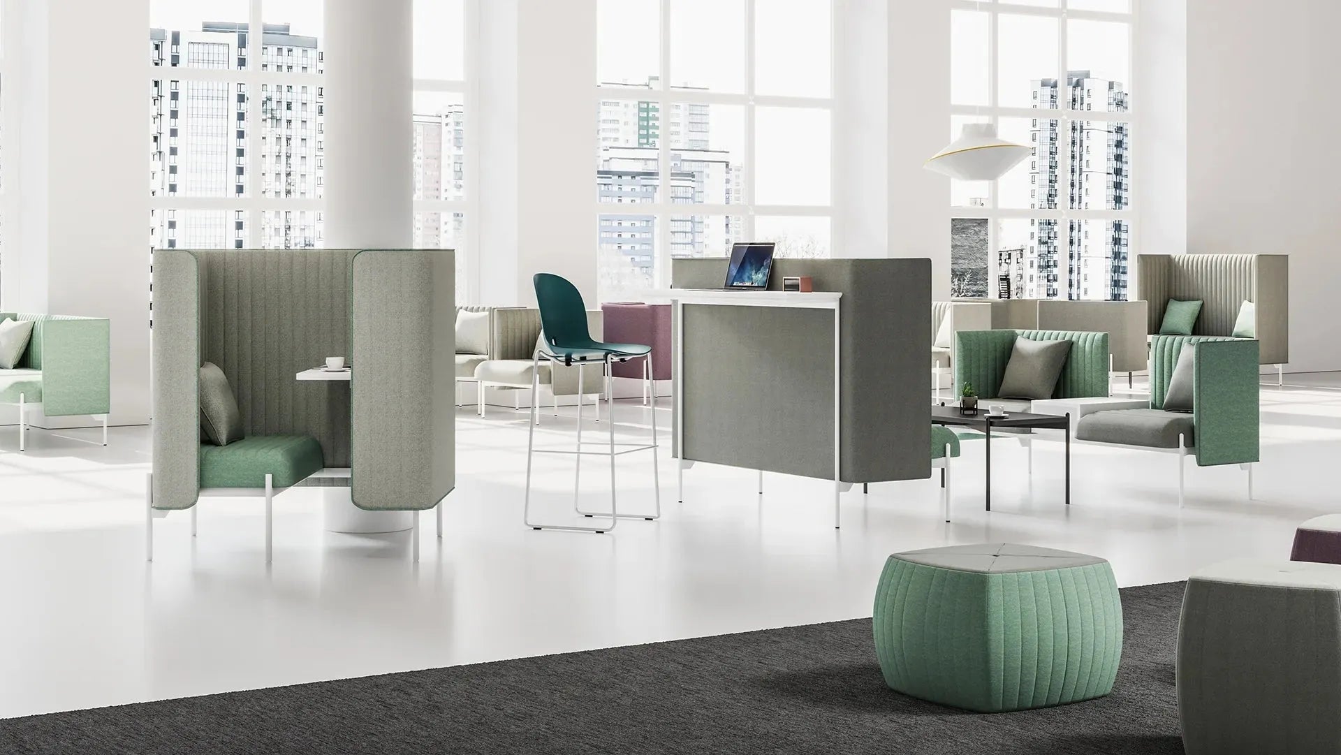 PrivacyPod acoustic work booths and high-back lounge seating in a bright open office