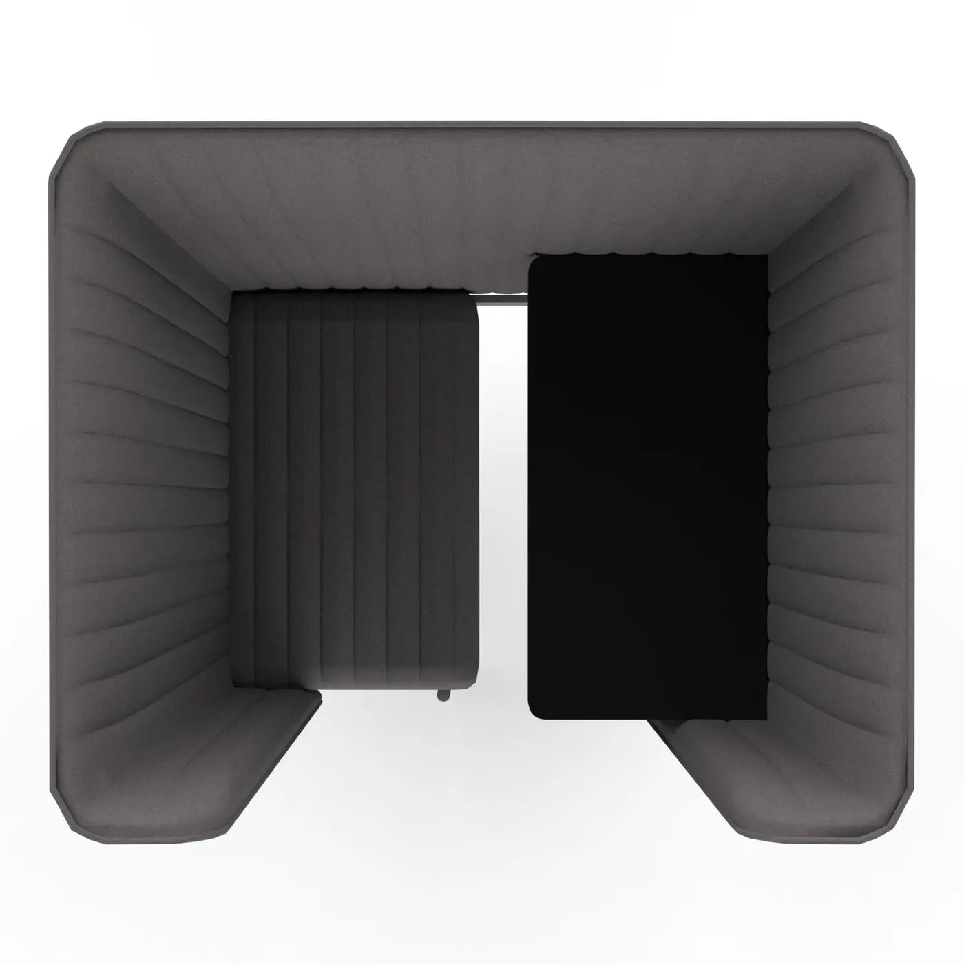 A desk-height shelf beside the seat