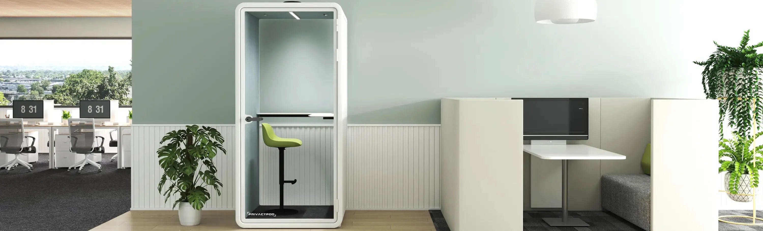 Rendering of a PrivacyPod S Pod office phone booth beside open-plan desks