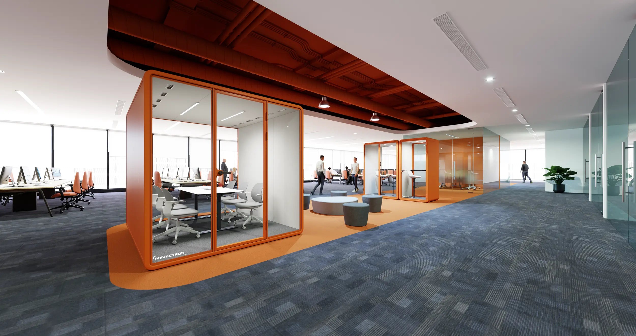 Rendering of PrivacyPod meeting pods with orange shells on an open office floor