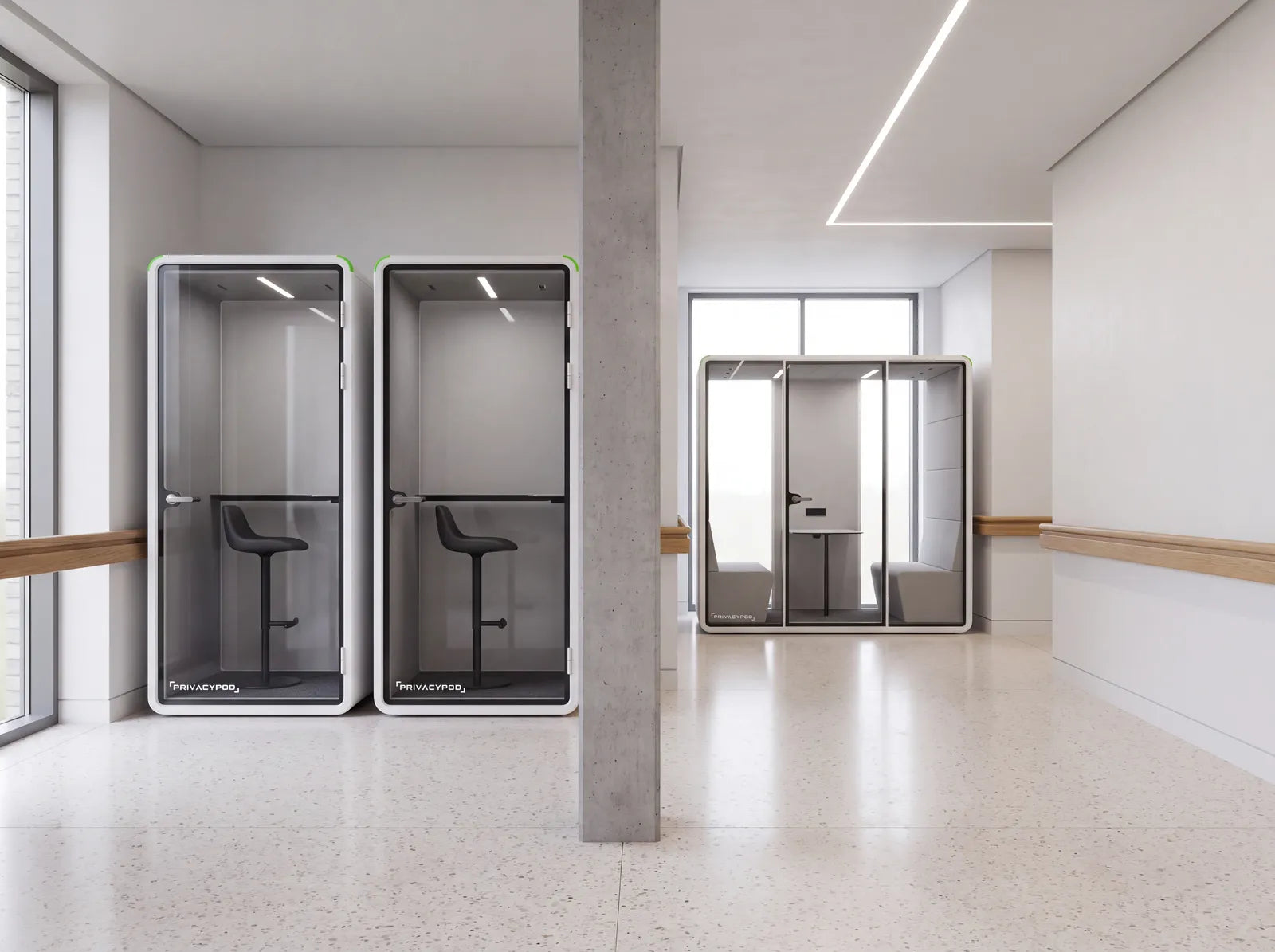 Render of two PrivacyPod S Pods and an L Pod Plus along a campus corridor