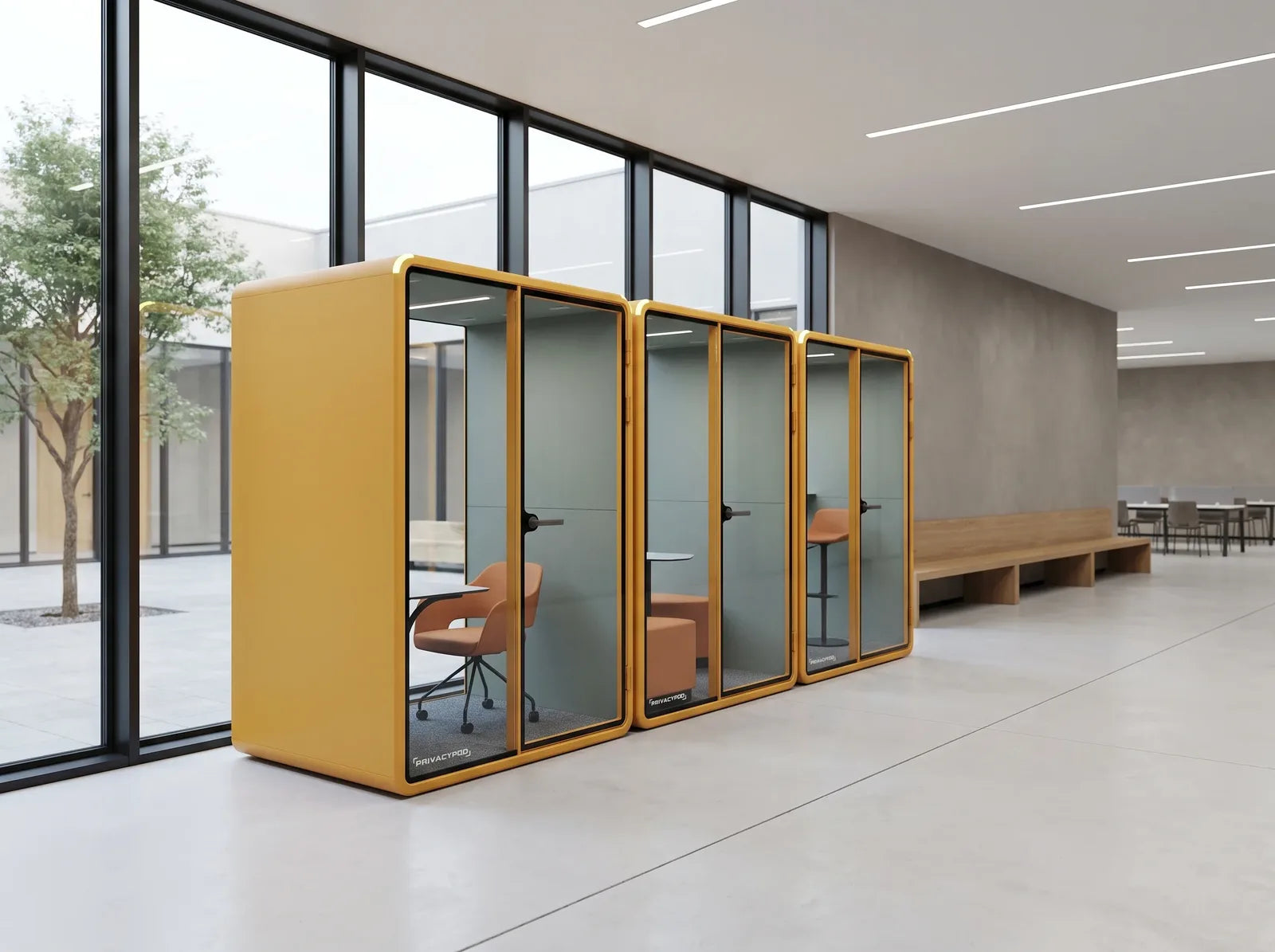 Render of three orange PrivacyPod pods with different interiors beside a campus courtyard