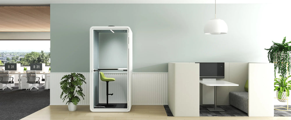 Modern modular office pods installed in open plan office.