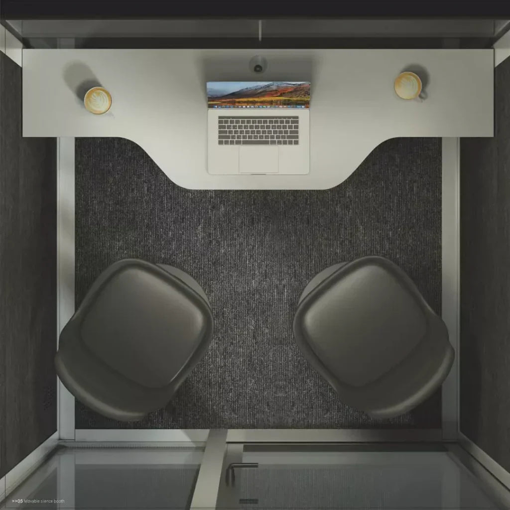 A spacious and well-equipped office pod from PrivacyPod.ai, set against the backdrop of a dynamic flexible workspace, symbolizing the future of efficient work environments.