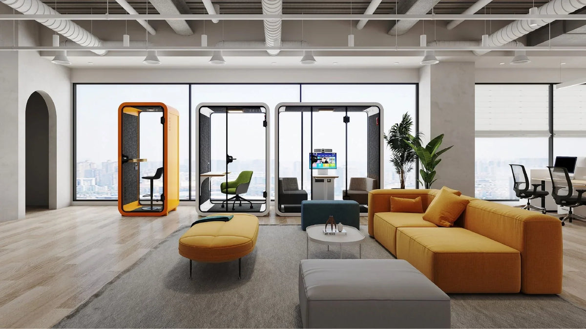 A contemporary office setup featuring stylish and functional pods, symbolizing a perfect blend of privacy and productivity.