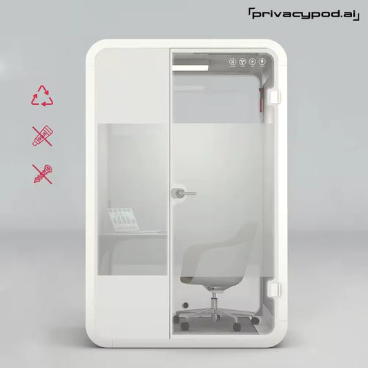 A serene and focused professional working within a sleek, modern meeting pod, encapsulating the perfect solution to open office distractions.