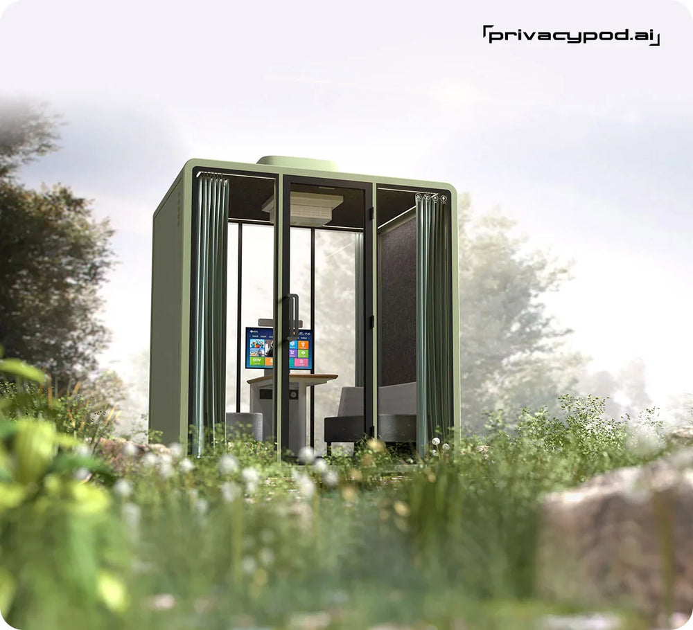 A focused employee working in a serene office phone booth, symbolizing the triumph over workplace distractions in a bustling office environment.