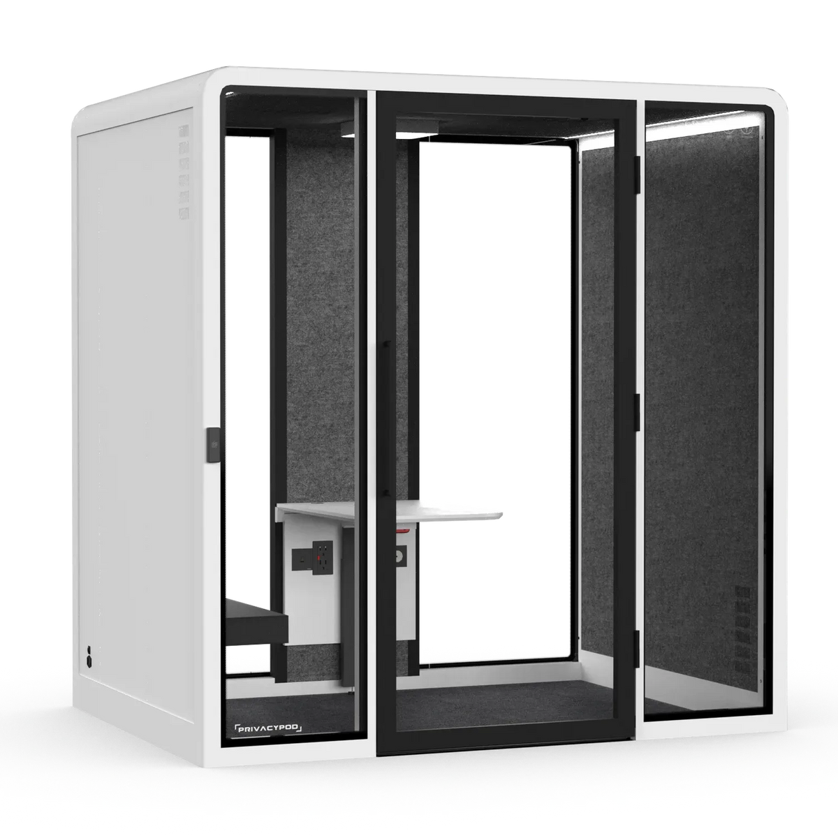 L ADA Pod with its wide glass door open, showing the step-free threshold, felt-lined interior, wall-mounted desk and bench seating