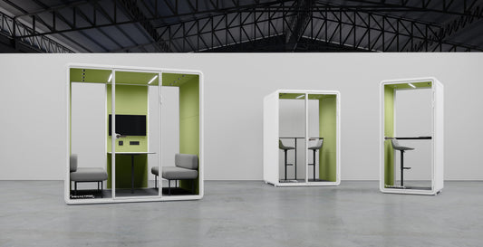 Three modern privacy pods with ergonomic seating and desk setups for deep work