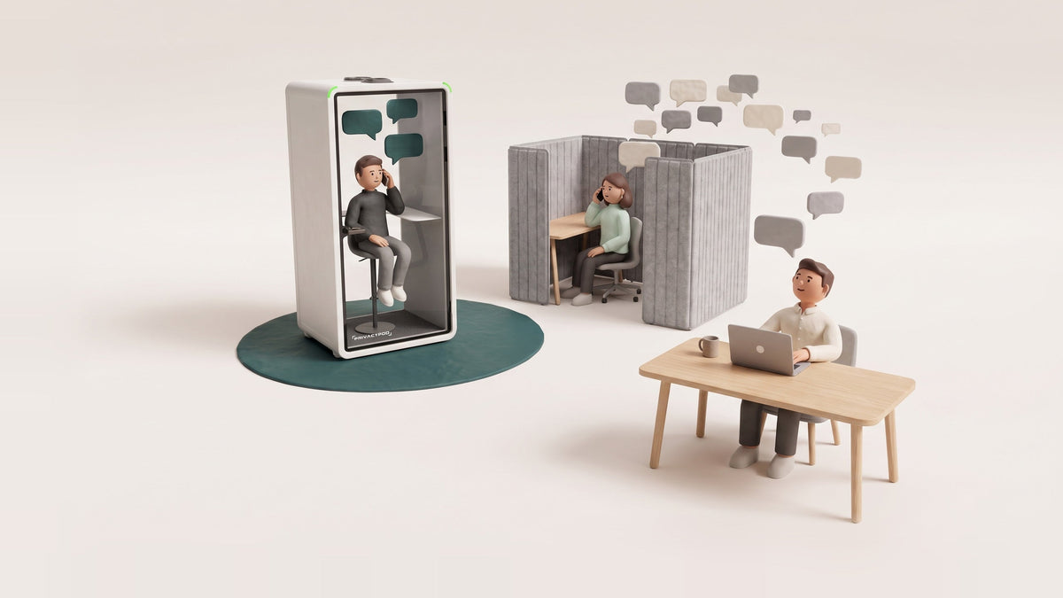 An illustration of a person on a phone call in an open-topped grey felt cubicle, speech bubbles spilling over its walls toward a colleague's desk, beside a closed one-person glass pod where another caller's green speech bubbles stay inside