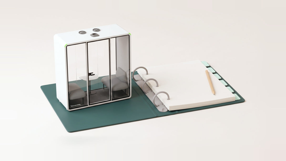 A clay-style illustration of a white three-panel meeting pod with two sofas standing on the green inside cover of an open ring binder, beside blank pages with six pale divider tabs and a pencil