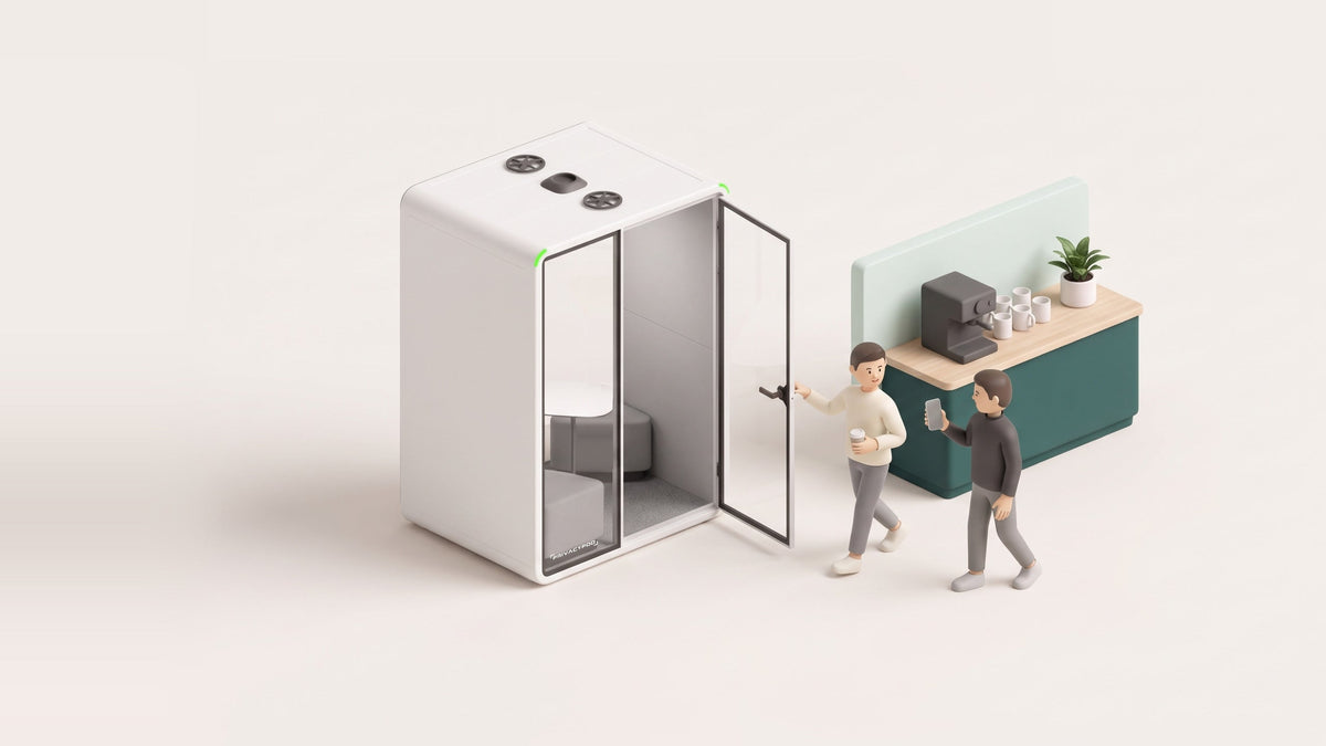 Illustration of two colleagues walking from a green coffee counter toward a two-person meeting pod with its glass door open, one carrying a coffee cup