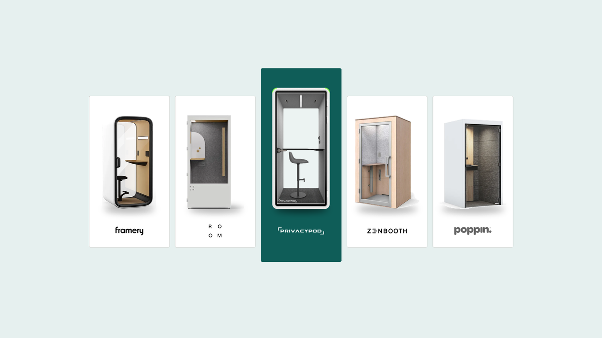 Five one-person office booths in a row, each on its own card with its maker's logo beneath: Framery, ROOM, PrivacyPod on a dark green card in the centre, Zenbooth and Poppin