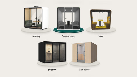 Illustration of five four-person office pods at true scale on display discs in two rows, each above its maker's logo: Framery Four, PrivacyPod L Pod on a dark green disc and Loop Cube above, PoppinPod for 4 and Zenbooth Quad below.