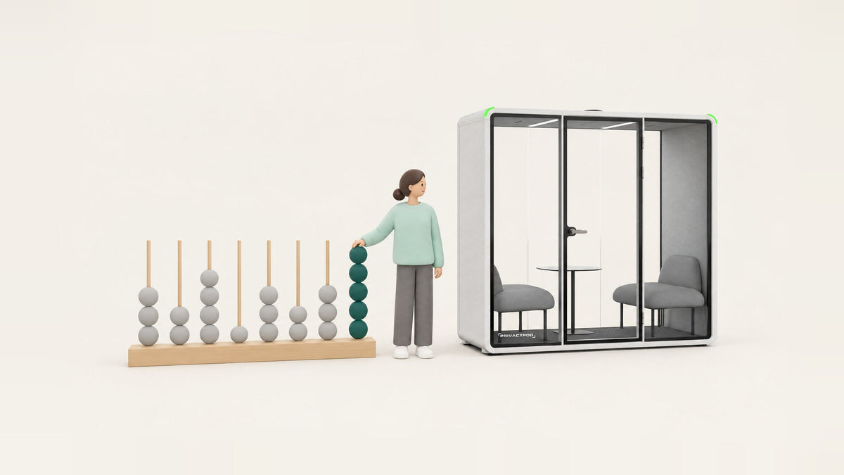Illustration of a bead tally with eight wooden rods, where a woman rests her hand on the only full rod of five green beads and looks at a white glass-fronted meeting pod.