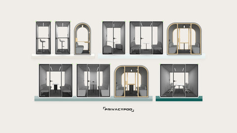 Illustration of the ten PrivacyPod office pods at true scale in two rows, one- and two-person pods above and four- and six-person pods below, on tiles that deepen from white to dark green as the pods get larger, with the PrivacyPod logo beneath.