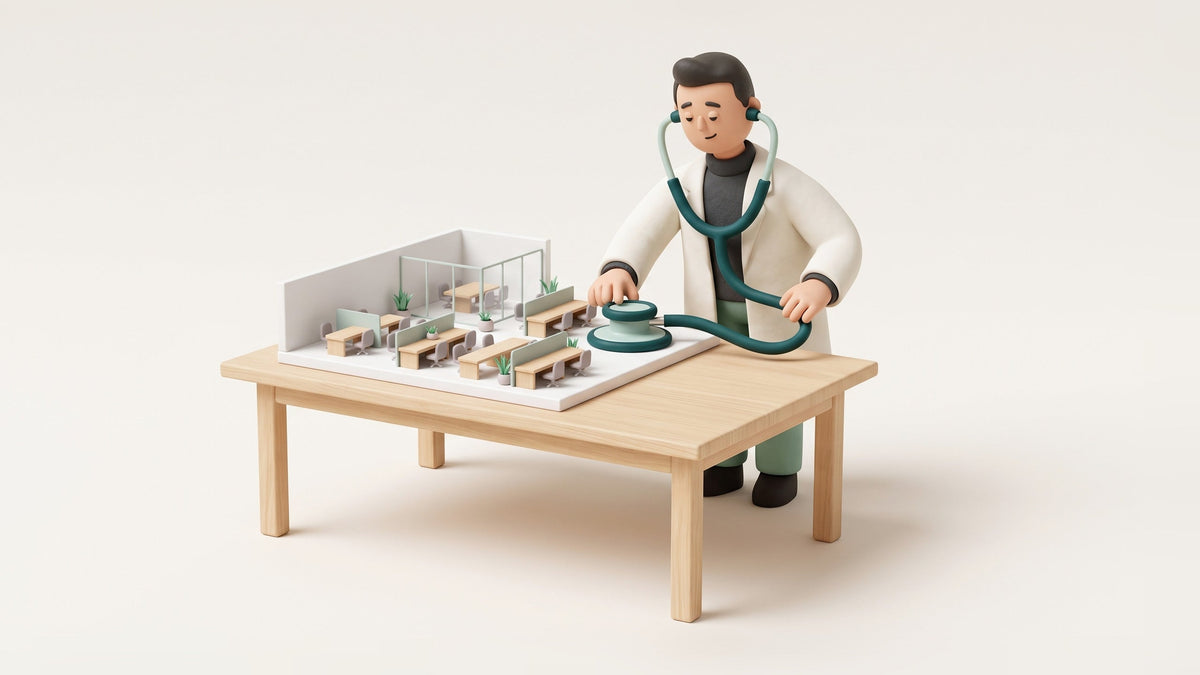 Illustration of a doctor in a white coat listening with a large green stethoscope to a white scale model of an open-plan office on a table.