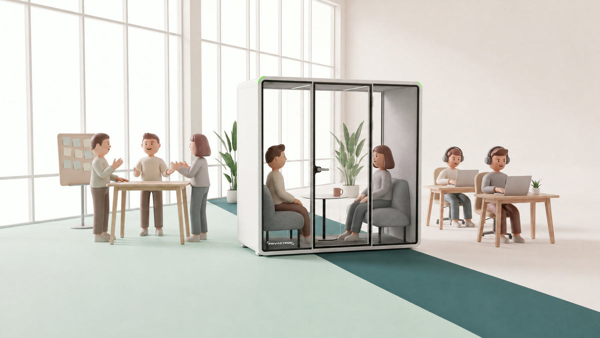 Illustration of an open office divided by a green floor strip, with a team talking at a standing table on one side, two people working in headphones on the other, and a glass meeting pod with two people talking inside standing on the line between them.