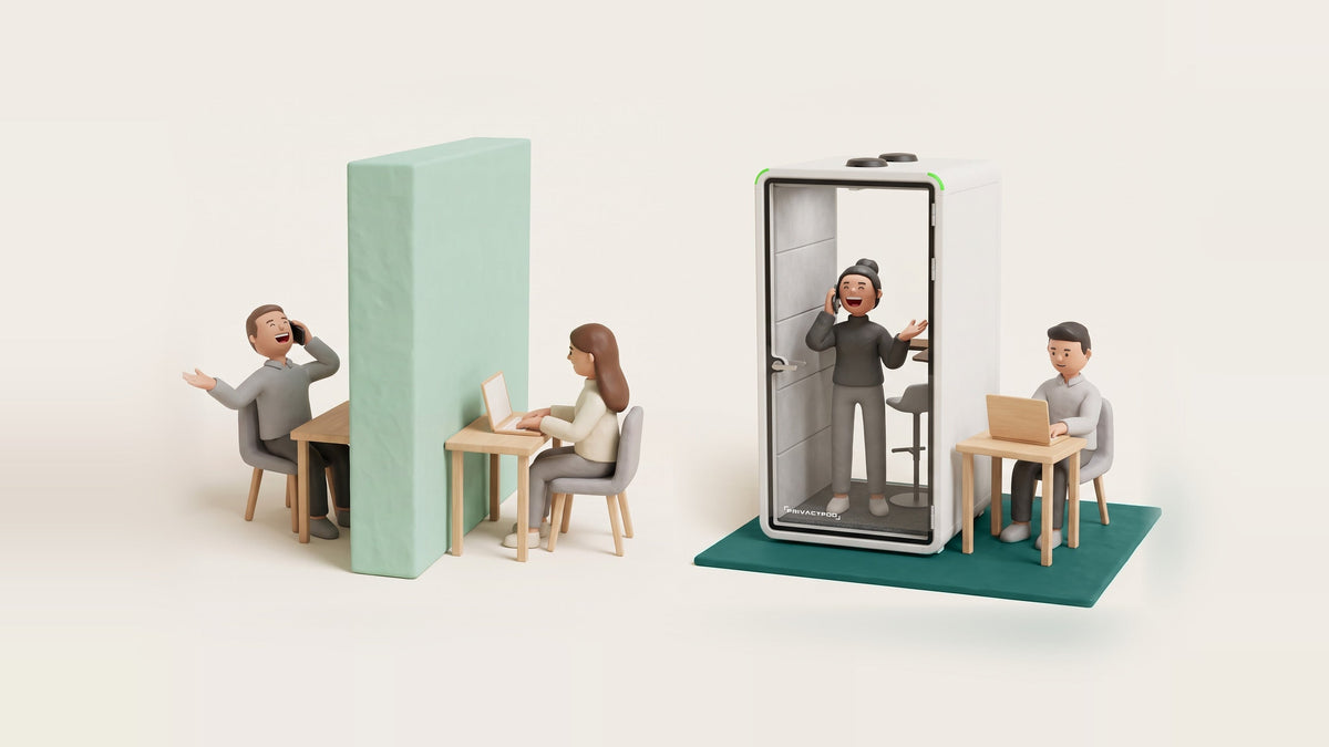 Illustration of two scenes on one floor: a thick pale green wall between a man laughing on a phone call and a woman working at her laptop, and a one-person office pod with a woman laughing on a call inside while a colleague works calmly just outside.