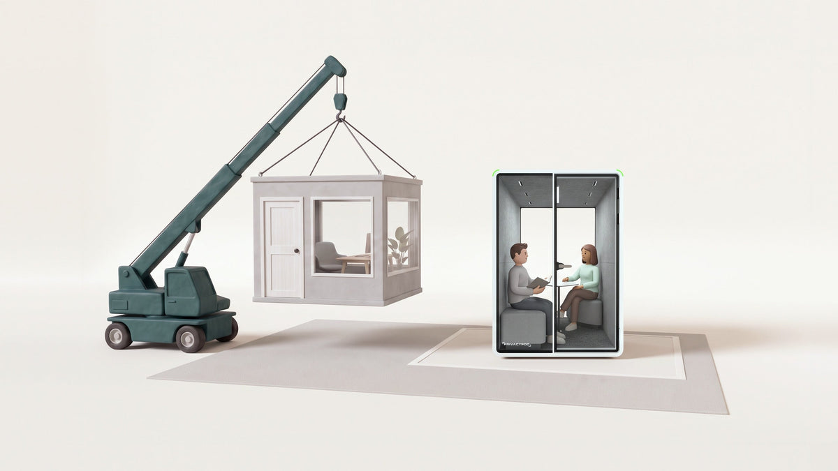 Illustration of a small green crane lifting a whole walled private office off an office floor, while two colleagues meet inside a two-person glass pod standing where the office stood.