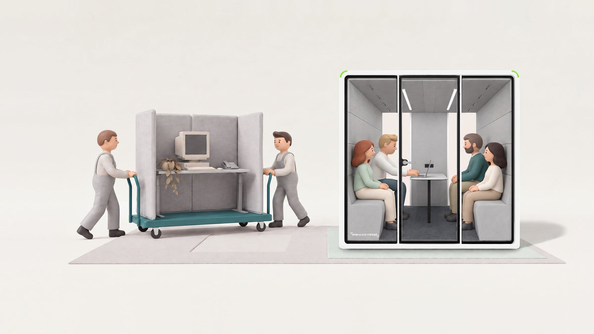 Illustration of two movers wheeling an old office cubicle away while four colleagues meet inside a white glass meeting pod with high benches.