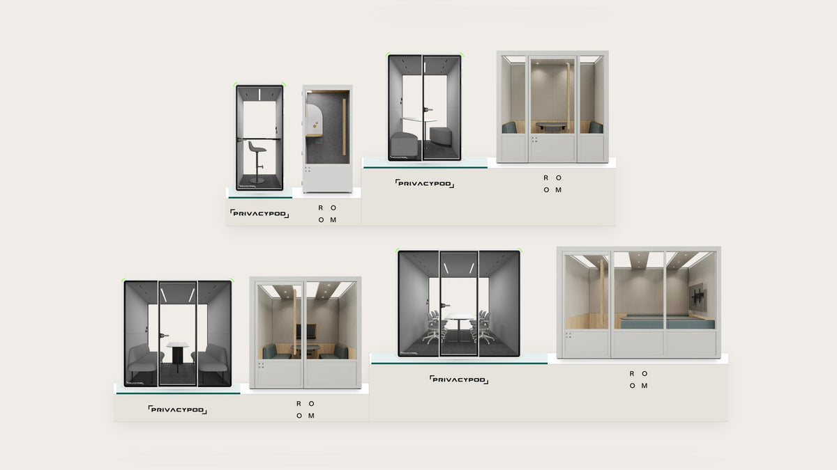 Illustration of the PrivacyPod S Pod, M Pod, L Pod and XL Pod beside ROOM's Phone Booth, Room S, Room M and Room L at true scale on two short flights of steps, one size pair per step, each booth above its maker's logo.