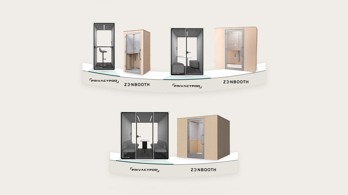 Illustration of the PrivacyPod S Pod and M Pod beside the Zenbooth Solo and Duo on an upper curved bench, and the L Pod beside the Zenbooth Quad on a lower one, at true scale, each booth above its maker's logo.