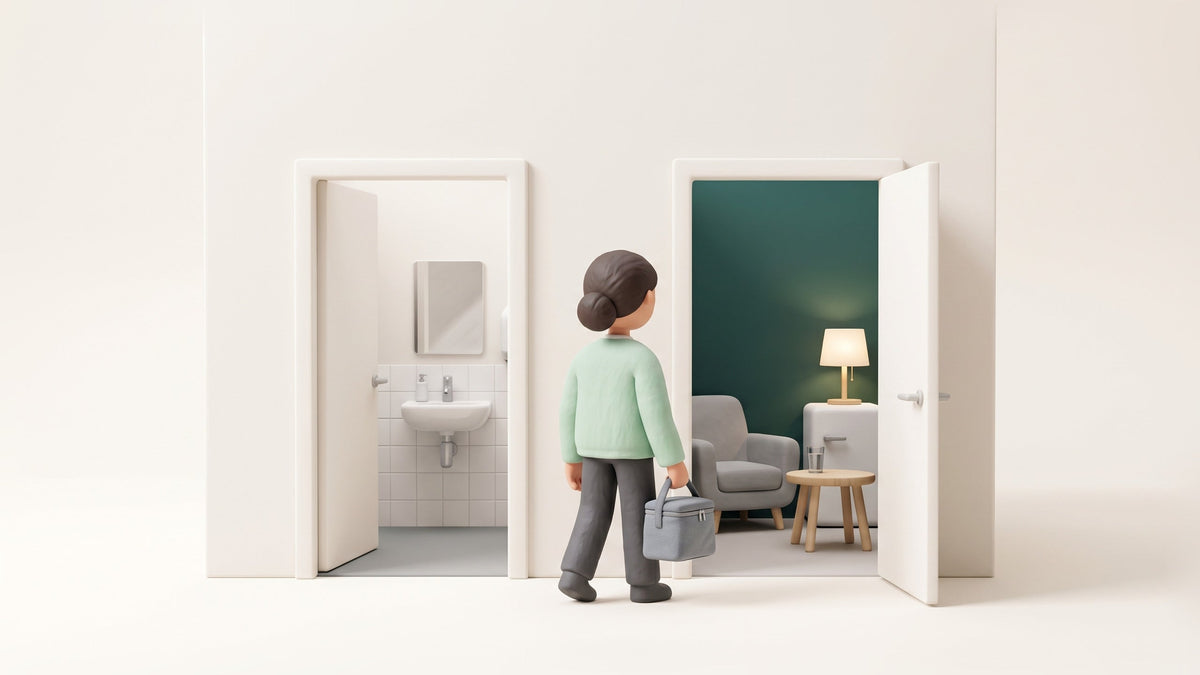 Illustration of two open doors in a corridor, a small restroom on the left and a calm green private room with an armchair and a lamp on the right, with a woman carrying a cooler bag walking toward the private room.