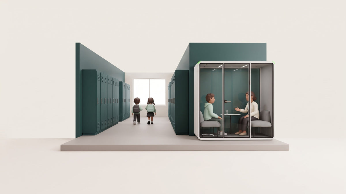 Illustration of a school hallway lined with green lockers, with a glass meeting pod at the side where a counselor and a student talk quietly while two children walk toward the window.