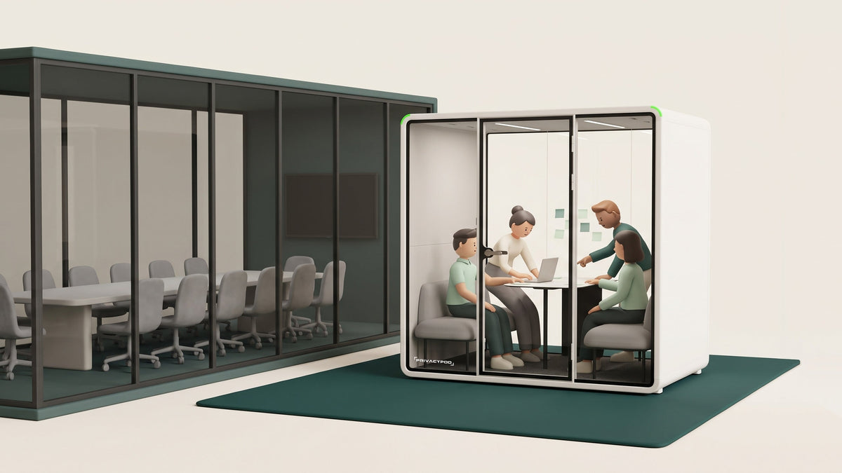 Illustration of four colleagues in a quick meeting inside a glass-fronted meeting pod, while a long conference room with rows of empty chairs sits unused beside it.
