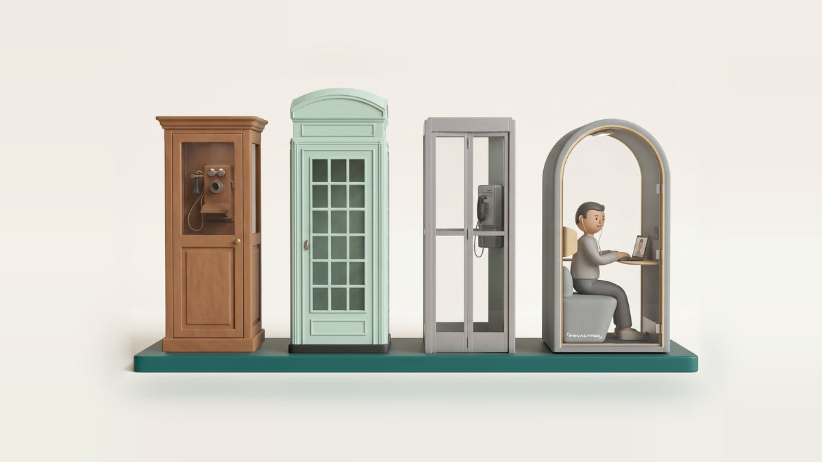 Illustration of four phone booths in a row from oldest to newest: a wooden Victorian telephone cabinet, a domed street kiosk, a glass street booth with a payphone, and an arched office phone booth with a person on a video call inside.