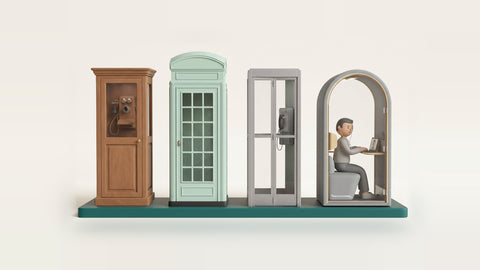 Illustration of four phone booths in a row from oldest to newest: a wooden Victorian telephone cabinet, a domed street kiosk, a glass street booth with a payphone, and an arched office phone booth with a person on a video call inside.