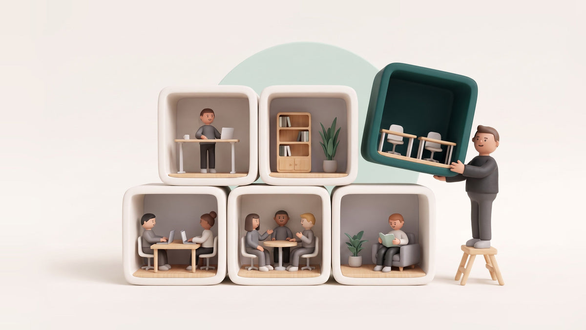 An illustration of a stack of open blocks, each holding a small part of an office with tiny people working, while a person on a step stool lifts one more green block with two empty desks onto the top of the stack