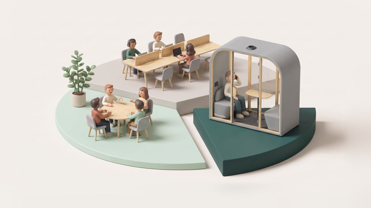Illustration of a round office floor cut like a pie chart into slices for focus desks and a team table, with a green slice pulled out holding an arched meeting pod where one person takes a call.