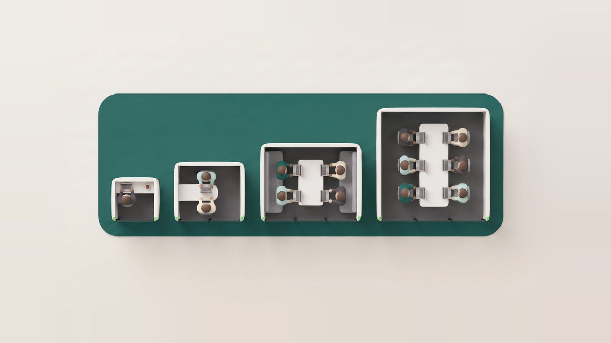 Illustration of four white work pods seen from above with their roofs off, in a row from smallest to largest on a green floor runner: one person at a standing desk, two at a small table, four on two benches and six around a conference table.