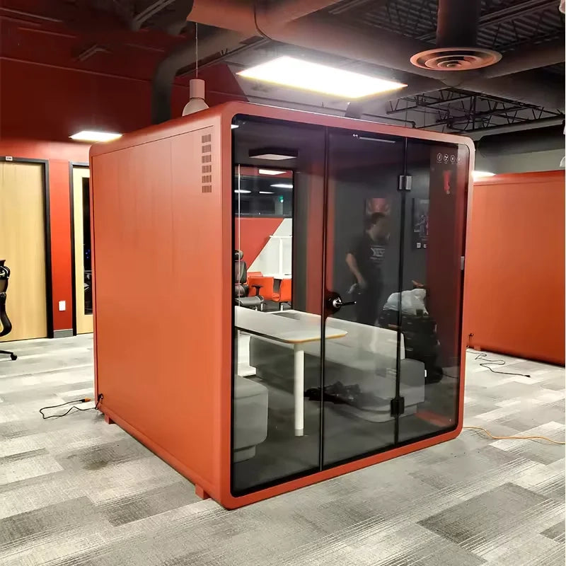 Spacious PrivacyPod designed for six people, perfect for use as a meeting pod, zoom room, or collaborative workspace. This soundproof office pod enhances workplace design by providing a quiet, distraction-free environment for productive meetings and focused work.