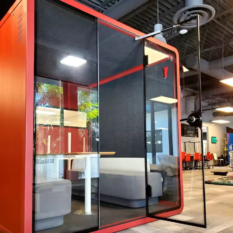 Spacious PrivacyPod designed for six people, perfect for use as a meeting pod, zoom room, or collaborative workspace. This soundproof office pod enhances workplace design by providing a quiet, distraction-free environment for productive meetings and focused work.