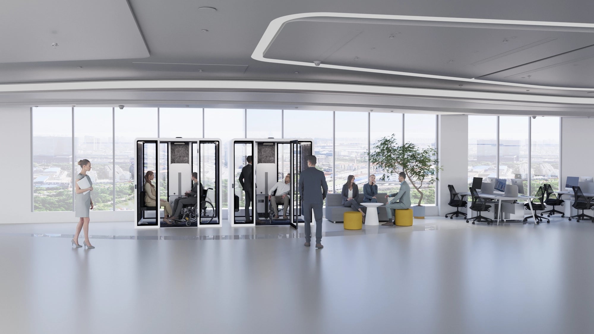 Modern open-plan office with privacy pods, people having meetings, and workstations by large windows.