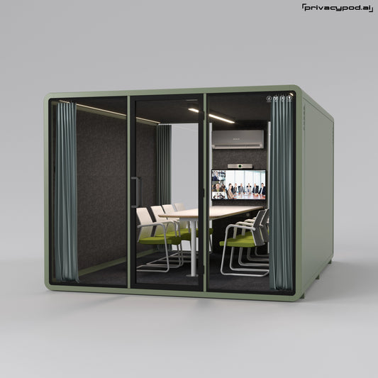 8 Person Outdoor Office Pod features a high-quality outdoor meeting pod for eight people. It has clear glass doors and windows, a modern conference table, ergonomic chairs, sound-absorbing walls, a video conferencing screen, an air conditioning unit, and privacy curtains. Ideal for private, quiet workspaces in open environments, it enhances productivity and collaboration.