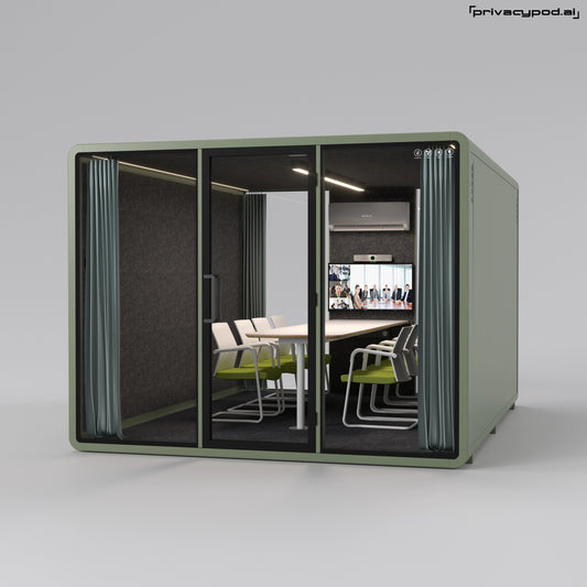 This image features a high-quality outdoor meeting pod for eight people. It has clear glass doors and windows, a modern conference table, ergonomic chairs, sound-absorbing walls, a video conferencing screen, an air conditioning unit, and privacy curtains. Ideal for private, quiet workspaces in open environments, it enhances productivity and collaboration.
