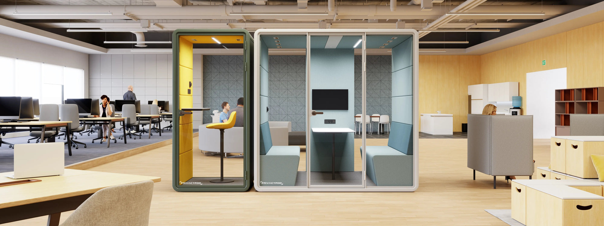 Modern open office space with private meeting pods, ergonomic furniture, and collaborative work areas.
