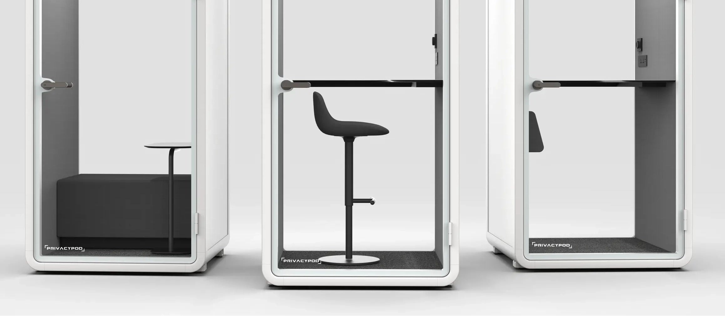Three modern office pod units with stools inside on a white background