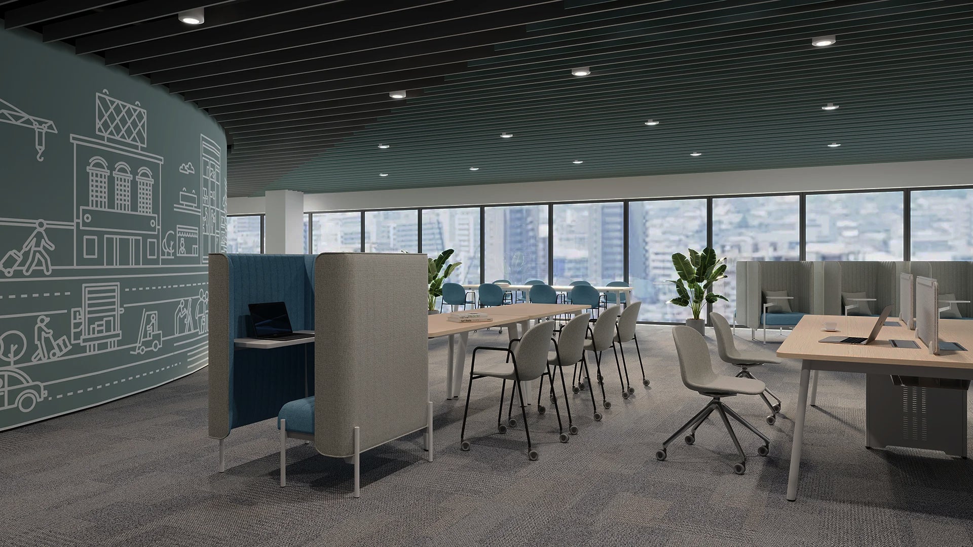 Modern open-plan office space with minimalist design, featuring long tables, ergonomic chairs, and a curved wall with cityscape illustrations. Large windows offer a city view, enhancing natural light.