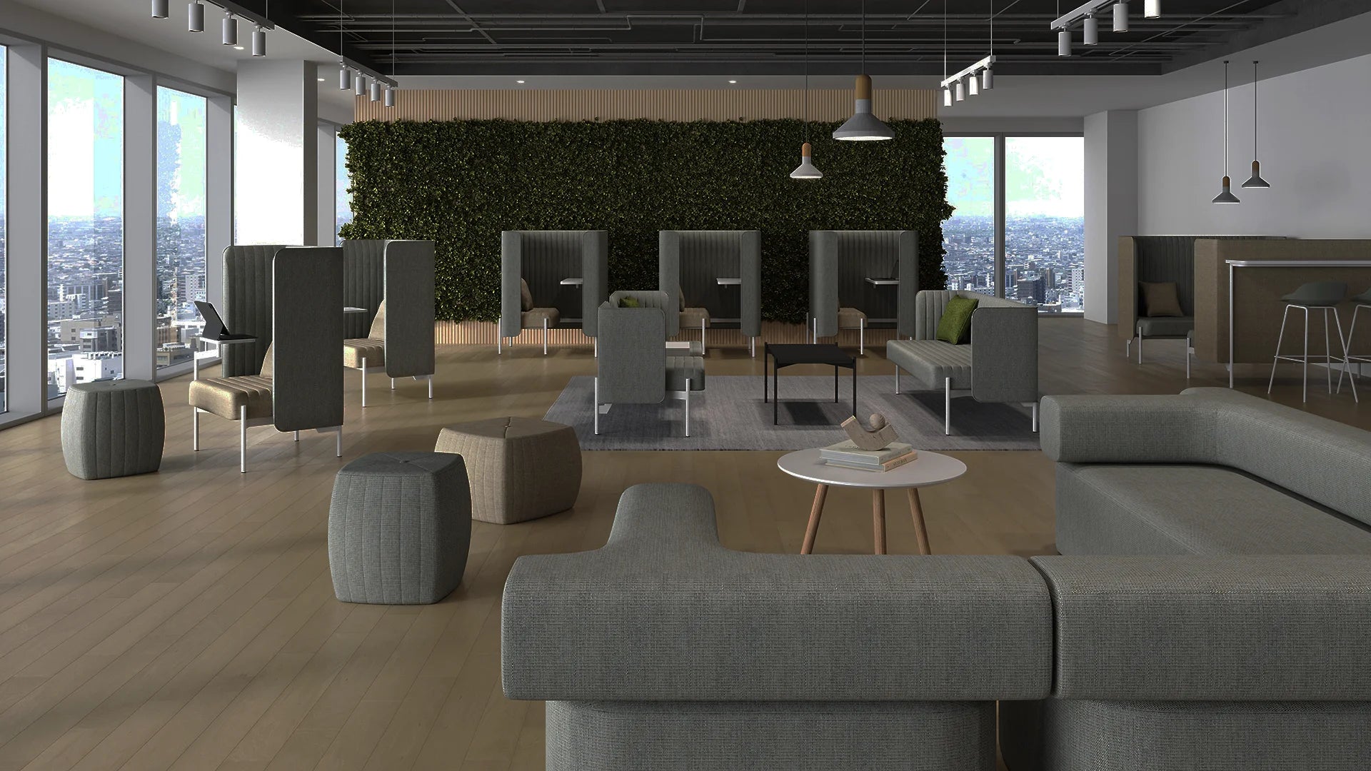 Modern office lounge with modular seating, green wall decor, wooden flooring, and panoramic city views through large windows.
